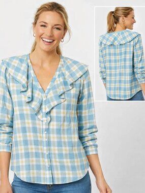 Tuckernuck Eileen Blue Plaid Ruffle Flannel Shirt L Coastal Preppy Button Front